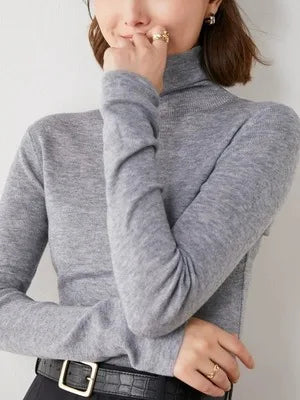 Novo suéter de caxemira feminino outono/inverno 2023, gola alta, suéter ultrafino de lã com pelo
