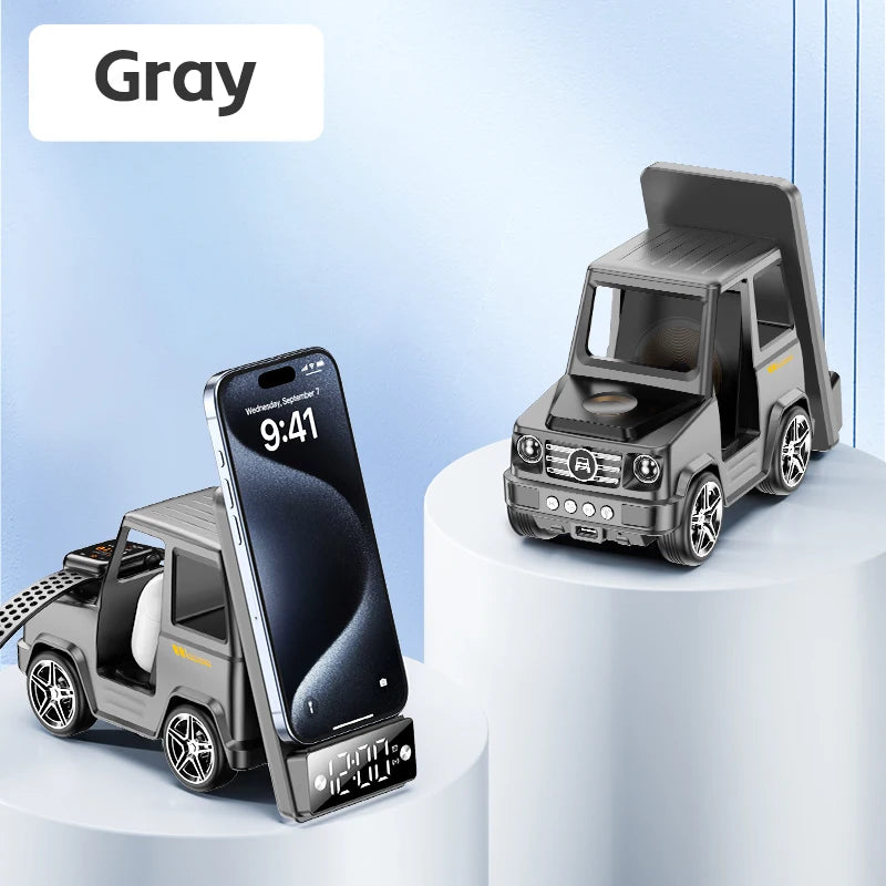 Suporte de carregamento sem fio 6 em 1 com despertador - Carregamento rápido para iPhone 16/15/14/13/12 Pro Max, 8/X/XS/XR, iWatch 8/7/6/5, AirP
