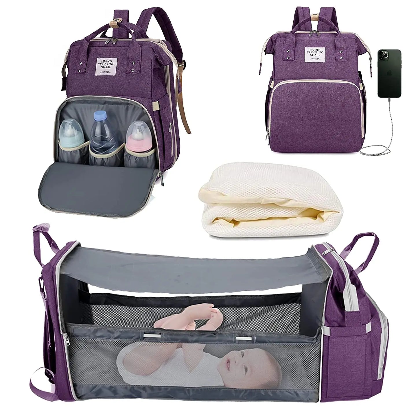 Mochila para fraldas 3 em 1, dobrável, para berço de bebê, à prova d'água, com carregador USB, mochila para fraldas e trocador, 3 tipos