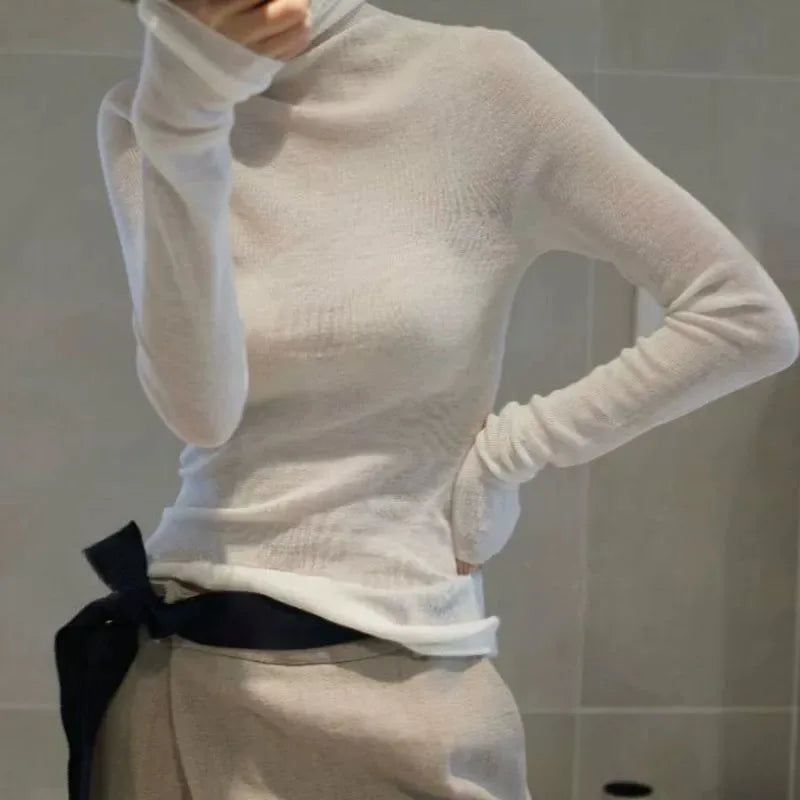 Novo suéter de caxemira feminino outono/inverno 2023, gola alta, suéter ultrafino de lã com pelo