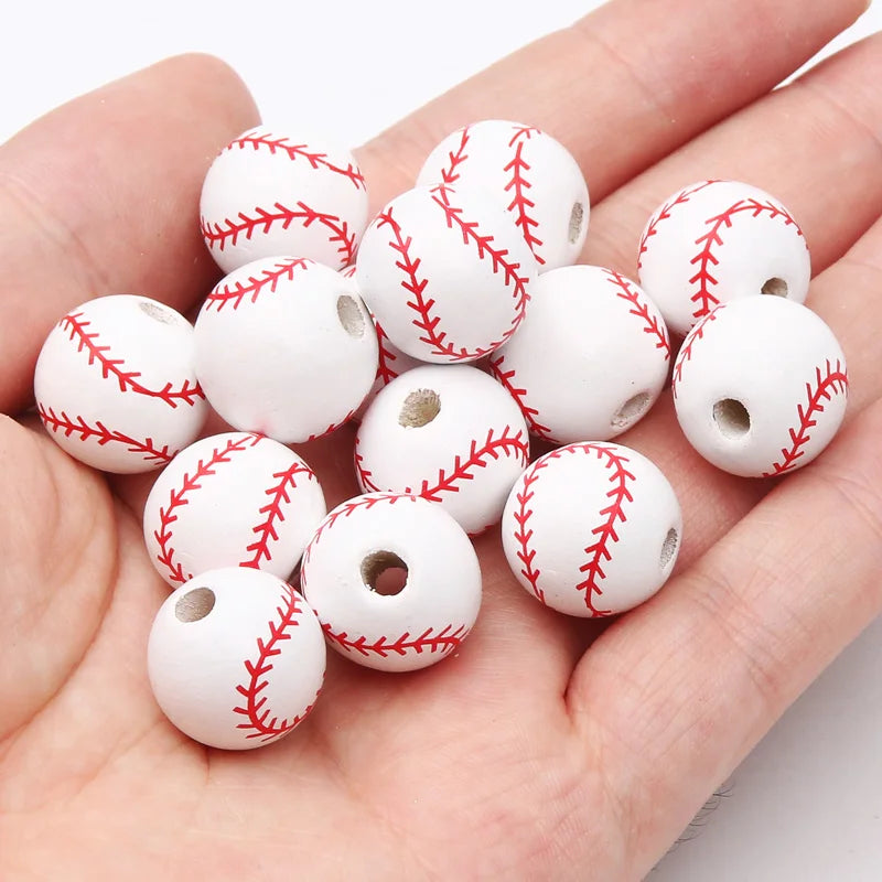 10 peças de contas espaçadoras de beisebol de basquete de 16 mm, bolas redondas de madeira para fazer pulseiras e colares, suprimentos para joias faça você mesmo
