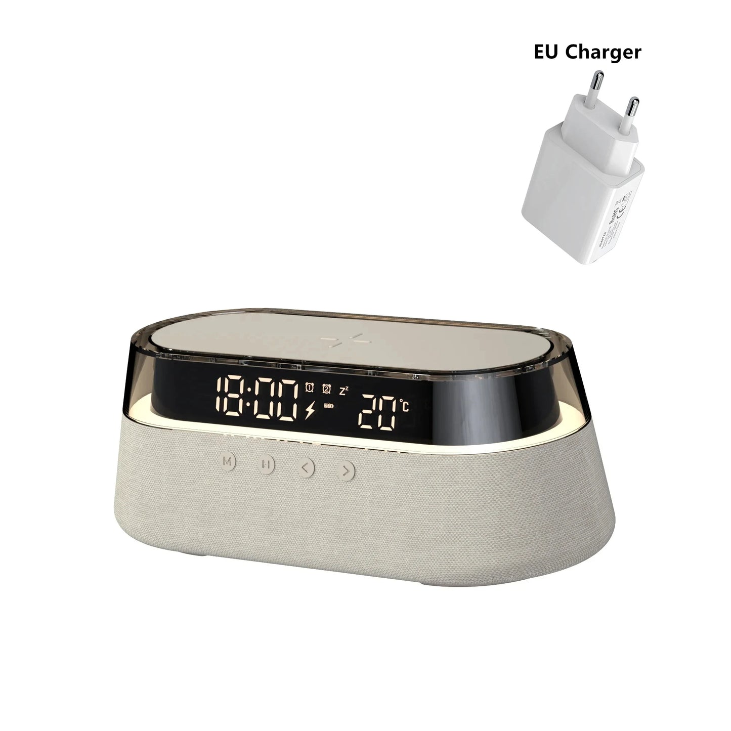 Despertador inteligente 6 em 1 - Carregador sem fio de 15 W, alto-falante Bluetooth, rádio FM, alarme duplo, carregador USB e luz noturna RGB