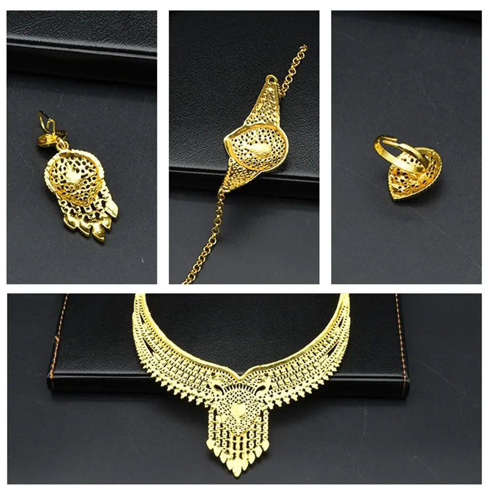 Conjunto de 4 joias indianas banhadas a ouro para noivas, colar/brincos/pulseira/anel, joias luxuosas banhadas a ouro de alta qualidade e duráveis