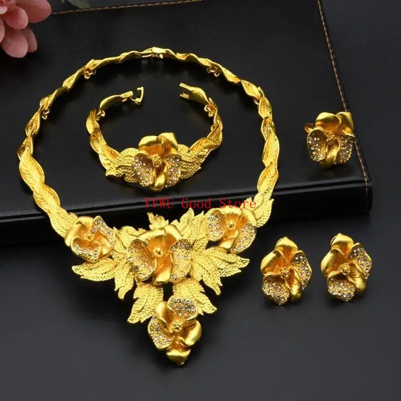 Conjunto de joias florais com strass dourados resistentes, acessório de moda portátil para noivas e festas noturnas