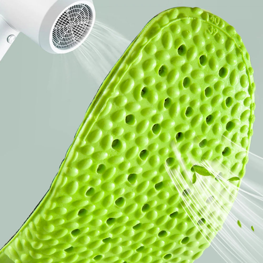 Palmilha esportiva de absorção de choque, espuma de memória de PU verde, suporte de arco respirável, almofada para calçados ortopédicos, homens e mulheres, cuidados com os pés