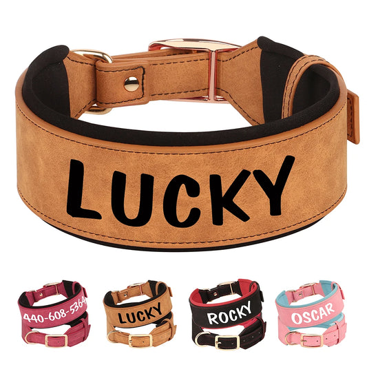 Coleira de couro personalizada para cães, coleira de identificação larga e acolchoada personalizada, nome e número impressos gratuitamente para cães de médio e grande porte, como Greyhound