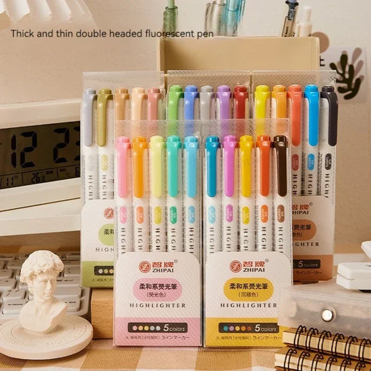 Conjunto de canetas marca-texto de duas pontas, 5 cores/caixa, fluorescentes, marcadores de desenho, canetas marca-texto, arte japonesa, fofo, pastel, papelaria