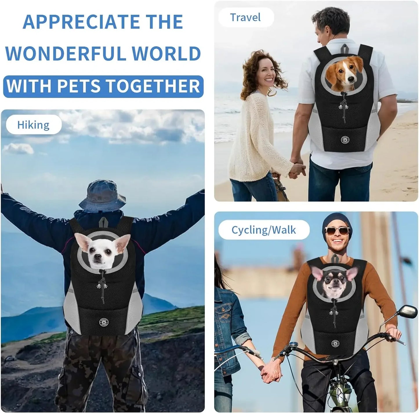 Mochilas para transporte de cães, mochilas confortáveis ​​para cães, bolsas para transporte de filhotes de estimação para ciclismo, caminhadas, camping, bolsa para transporte de cães