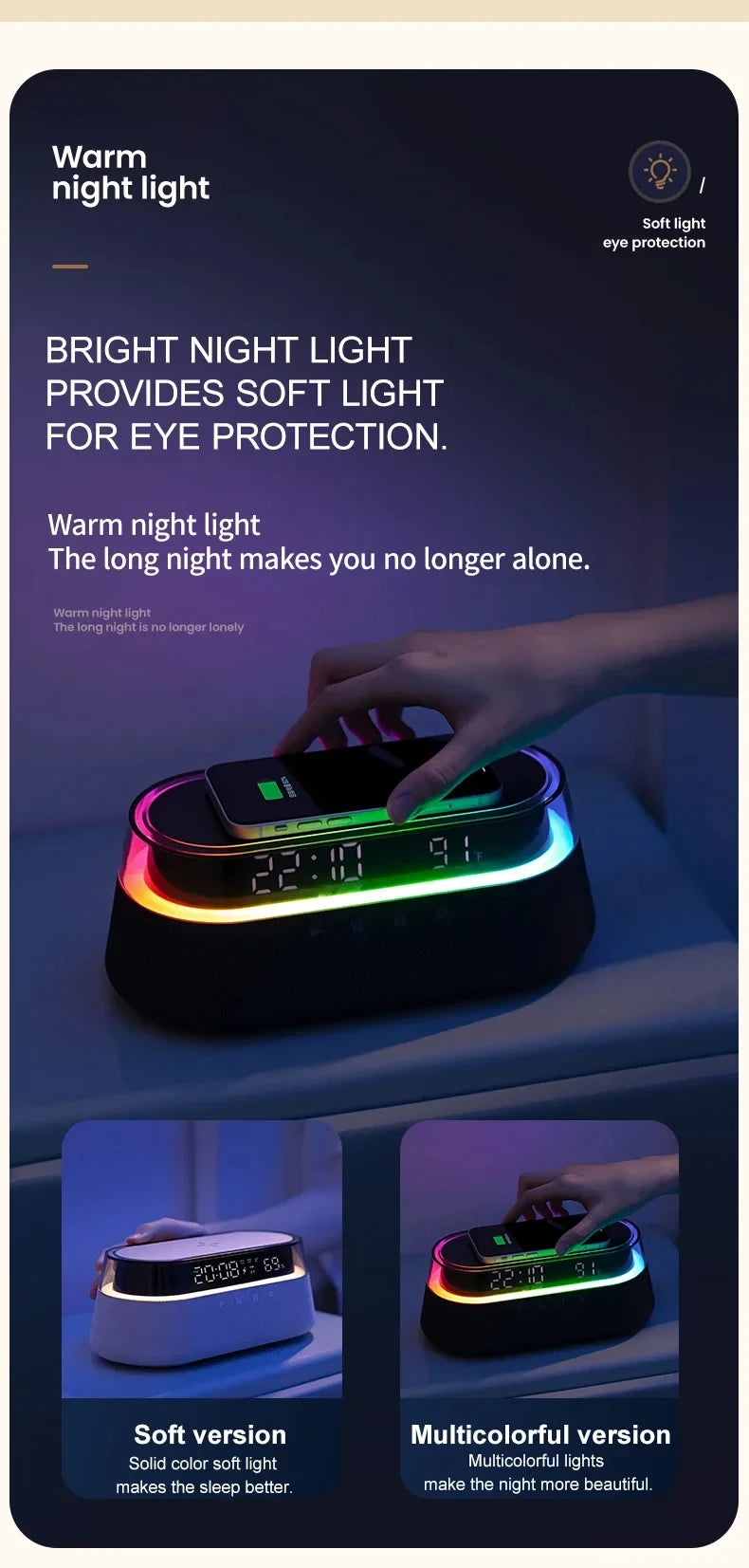 Despertador inteligente 6 em 1 - Carregador sem fio de 15 W, alto-falante Bluetooth, rádio FM, alarme duplo, carregador USB e luz noturna RGB