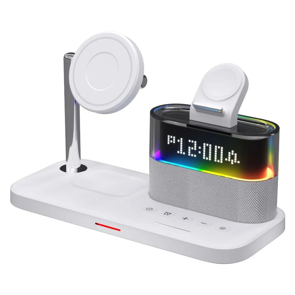 Carregador sem fio Qi2 5 em 1, carregamento rápido de 15 W, suporte magnético com despertador e suporte para carregamento de telefone