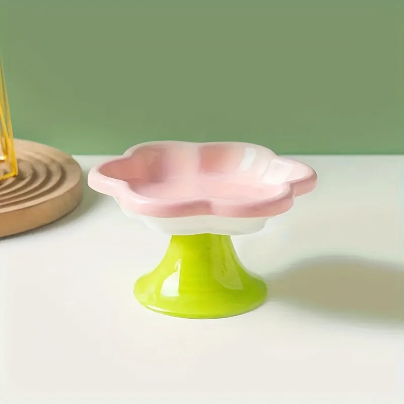Tigela de cerâmica para animais de estimação com design de flores, tigela para comida de gato, prato de água com pé alto, prato para lanche com suporte para proteção do pescoço, água potável