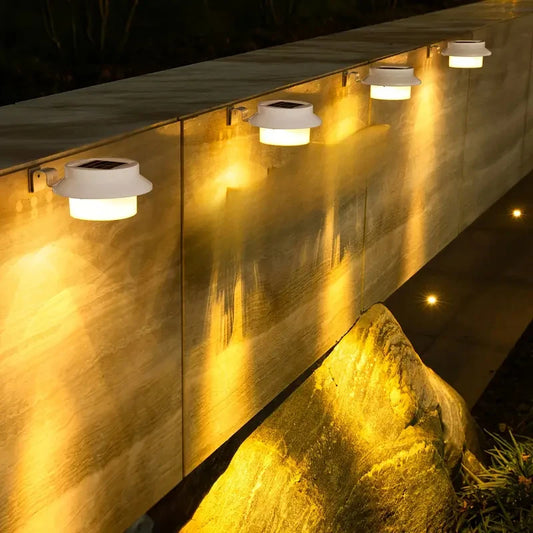 Luminária de parede à prova d'água com energia solar 3LED para calha, luz noturna branca e quente para cerca, caminho de jardim, luminária LED decorativa para acampamento