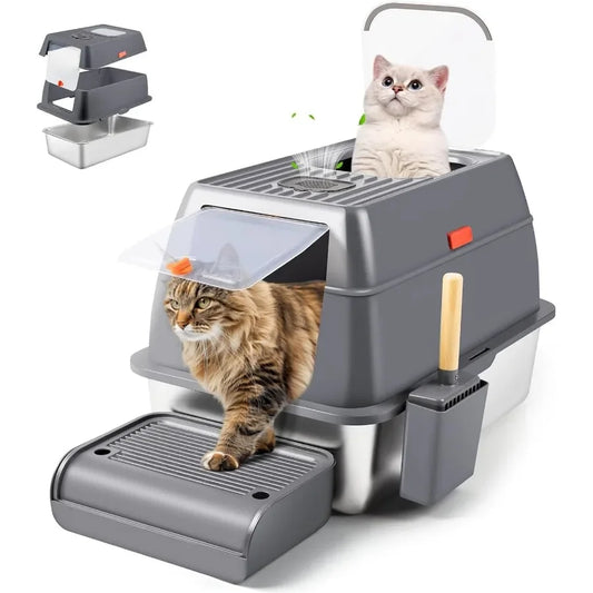 Caixa de areia fechada de aço inoxidável XXL com tampa 23,6L x 15,7L x 15,7A para gatos grandes Design de entrada superior com laterais altas e removível
