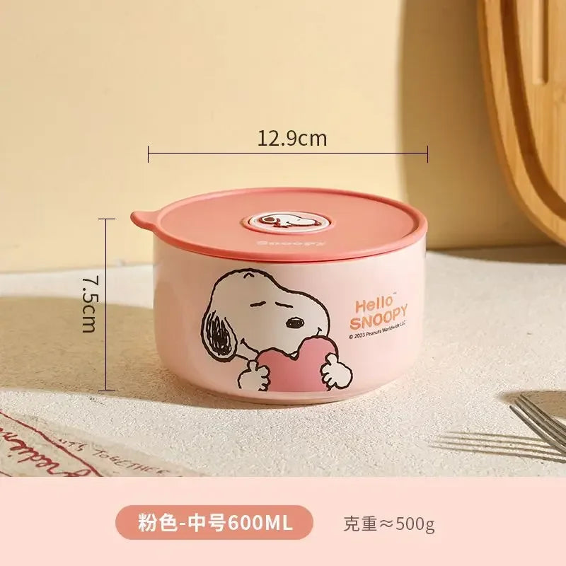 Tigela de segurança periférica de desenho animado do Snoopy, caixa de cerâmica selada com tampa, pode ser levada ao micro-ondas e portátil para trabalhadores de escritório