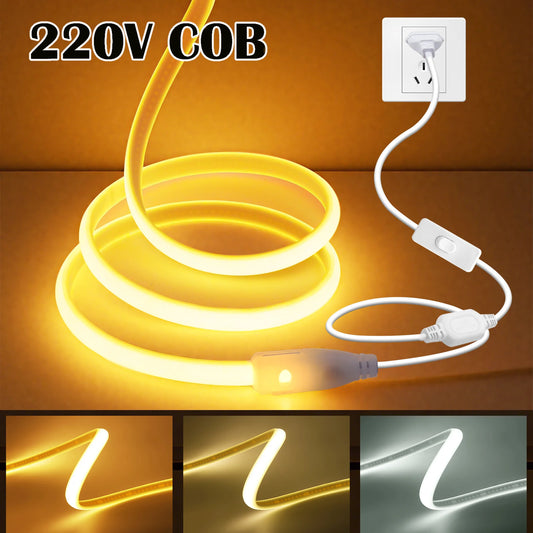 Fita de LED COB 220 V CA com interruptor liga/desliga, branca, 3000 K, 4000 K, 6000 K, IP65, à prova d'água, decoração para casa, flexível, luz neon, 1 m a 35 m