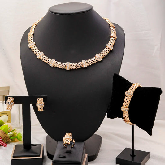 Conjunto de joias de casamento simples, colar de zircônia, pulseira, brinco, anel para africanos, Dubai, banhados a ouro 18K, acessórios de joias de casamento
