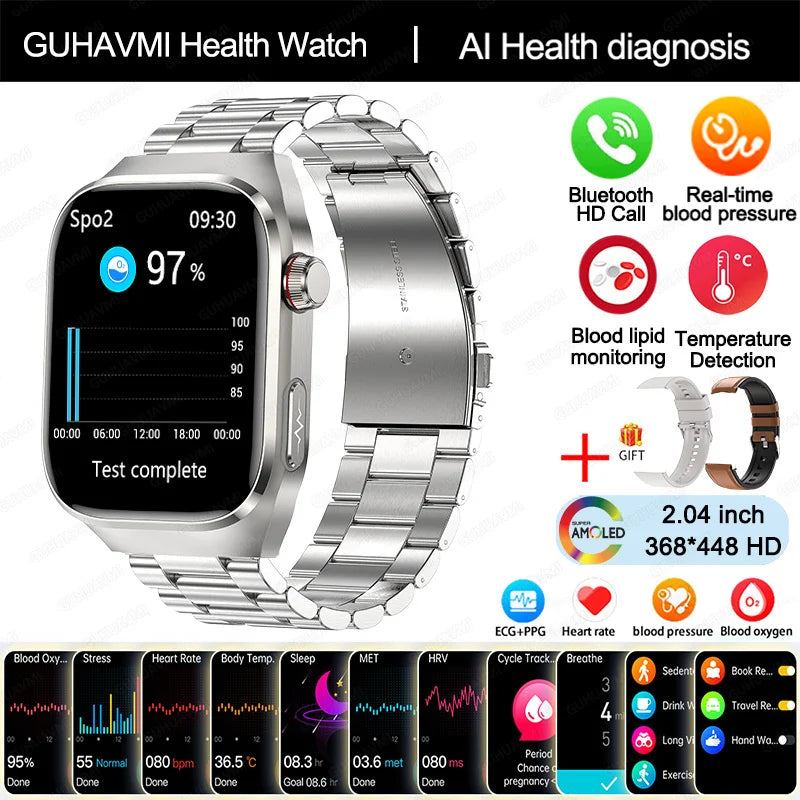Novo relógio inteligente masculino com diagnóstico de IA e monitoramento de saúde, pressão arterial, ECG, ácido úrico, lipídios, BT Call, relógios inteligentes para HUAWEI