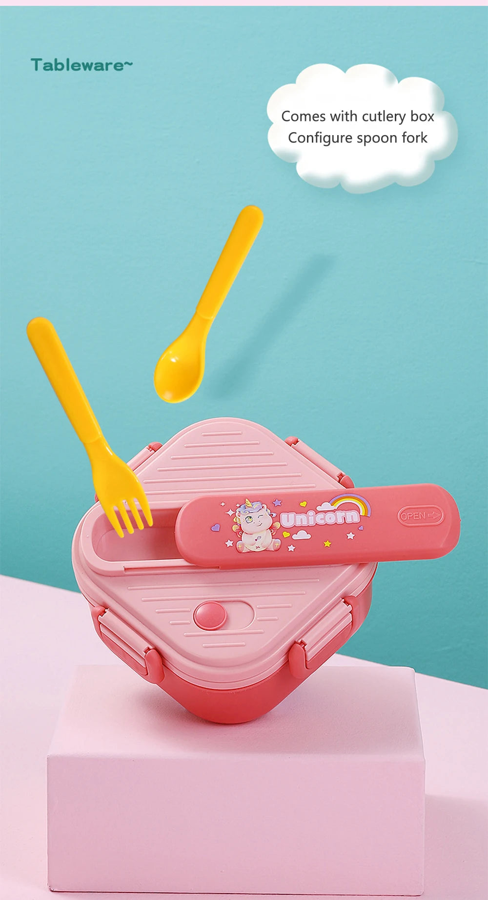 Lancheira de unicórnio com 3 grades para crianças, estudantes, sanduíche, frutas, recipiente para armazenamento de alimentos, caixa de bento de desenho animado para acampamento escolar