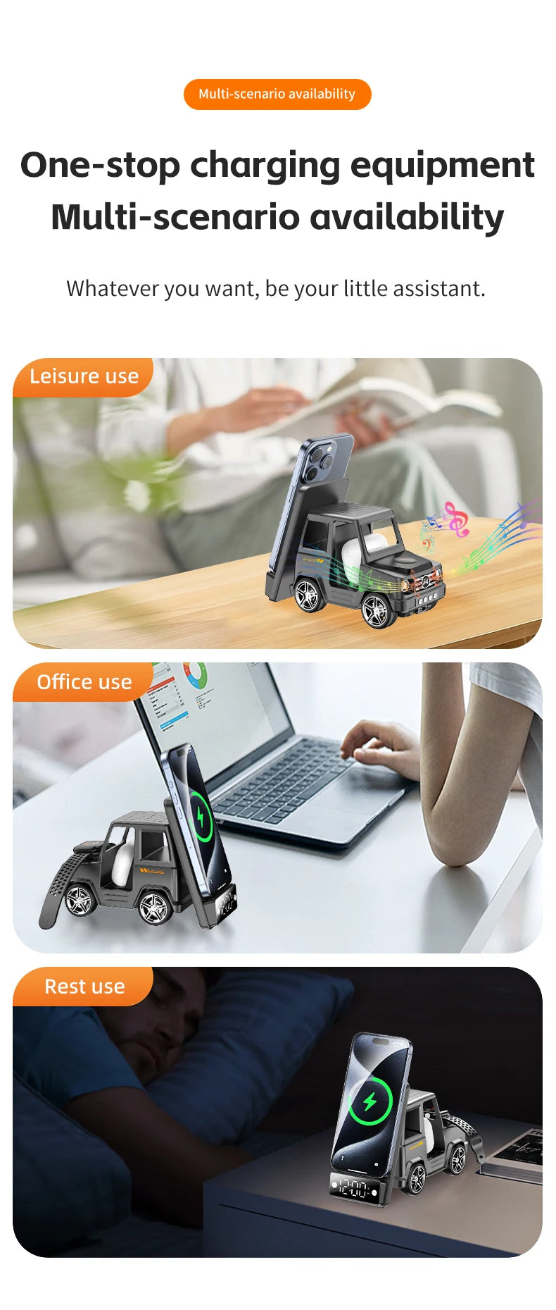 Suporte para carregador sem fio 6 em 1 para carro, formato inovador de carro, carregador de mesa de carregamento rápido de 15 W, ótima ideia para presente