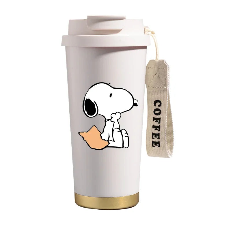 Garrafa térmica de aço inoxidável Snoopys 500ml, anime Kawaii, portátil, viagem, ar livre, carro, chá, café, caneca térmica fria