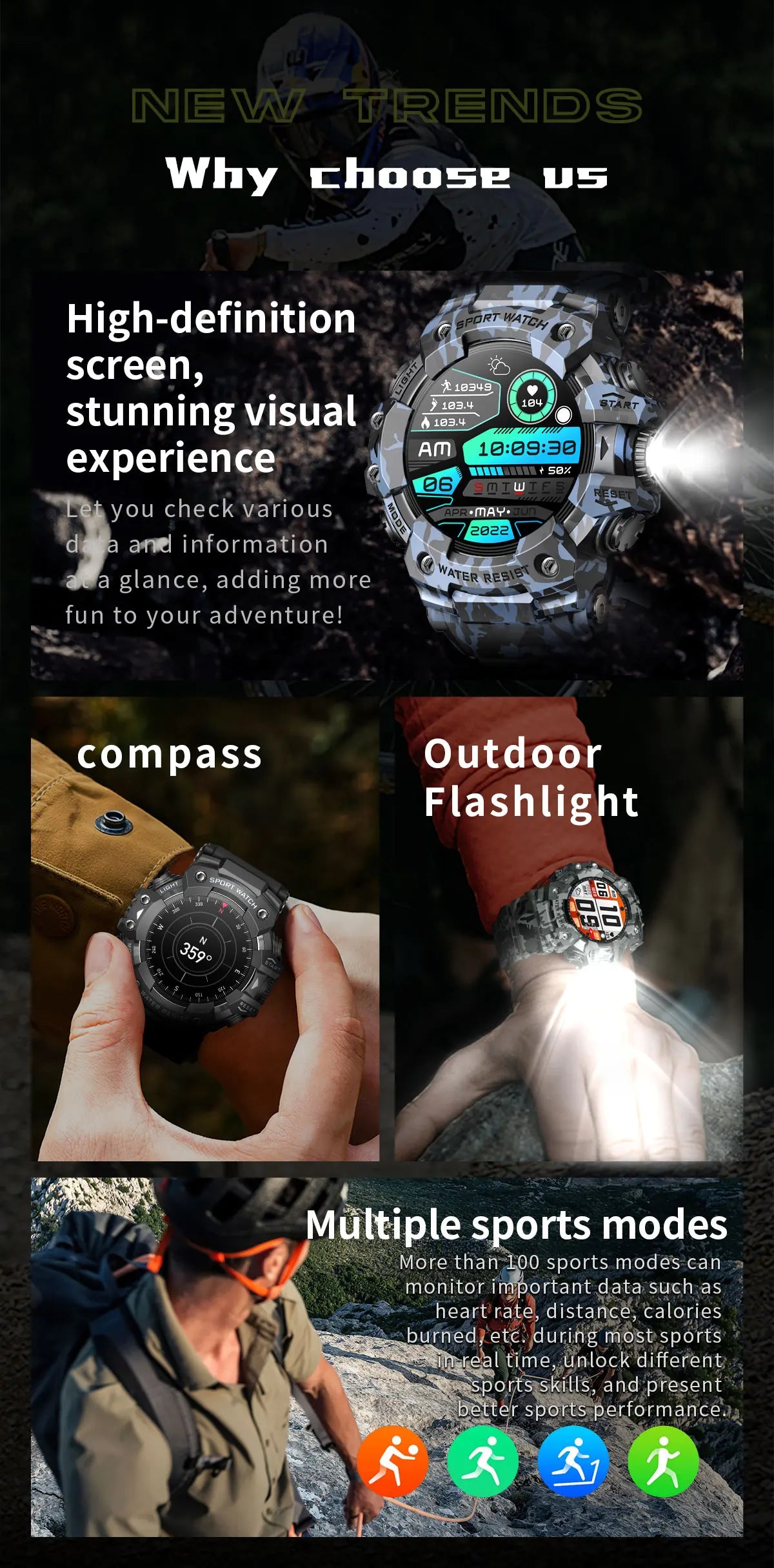 Relógio inteligente esportivo robusto 2025 com Bluetooth, chamadas, relógio inteligente militar à prova d'água e colorido com lanterna SOS COMPASS para telefone