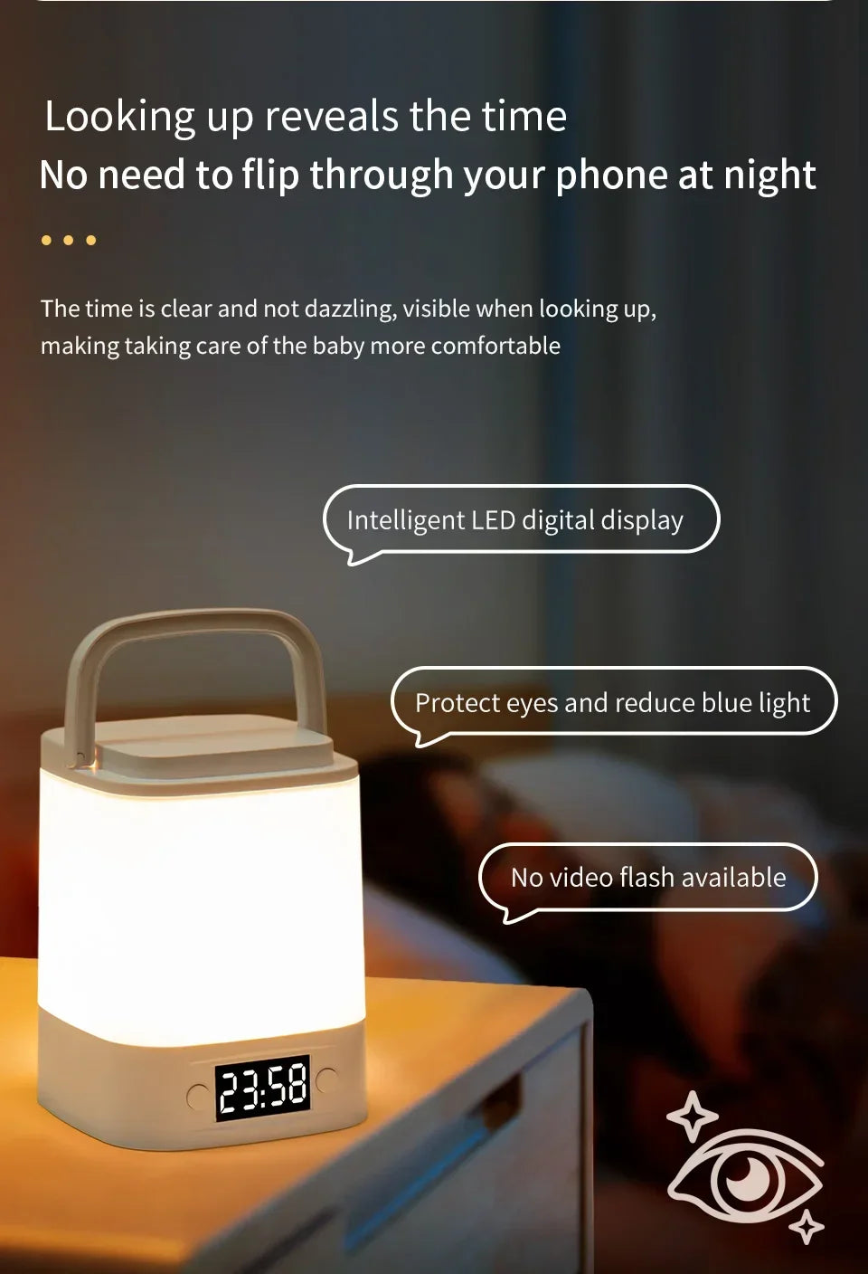 Lâmpada noturna LED com controle remoto e display de hora ou sem proteção para os olhos, lâmpada de leitura, luz noturna de cabeceira recarregável