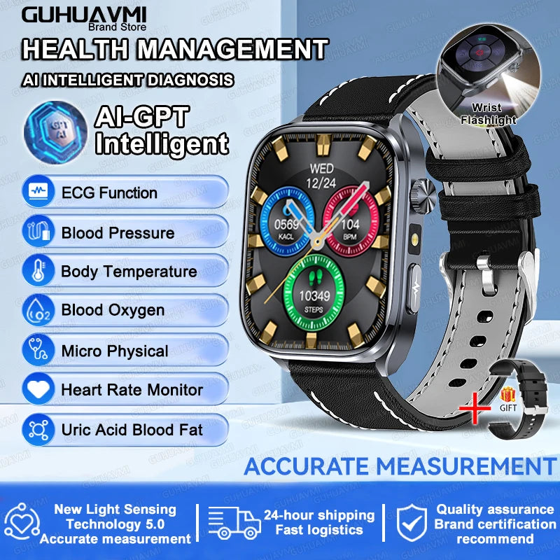 Novo relógio inteligente masculino 2025, pressão arterial, saúde, oxigênio no sangue, ácido úrico, lipídios, rastreador de fitness, relógios Bluetooth, chamada, ECG, smartwatch