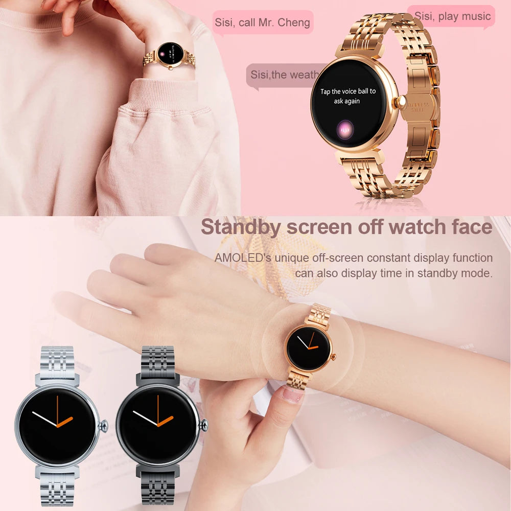 Relógio inteligente feminino moderno com tela AMOLED de 1,04 polegadas, tela sempre exibida, chamada Bluetooth, corpo de metal, tela pequena