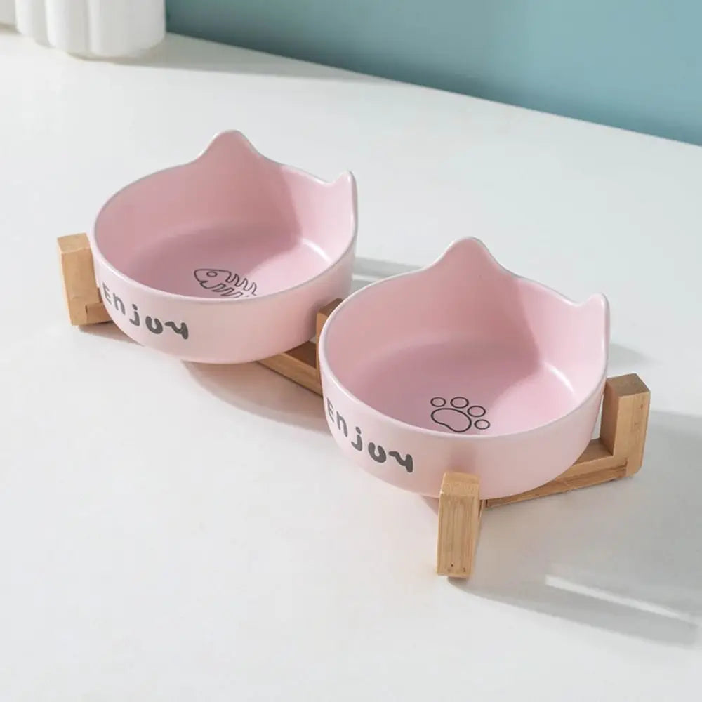 Tigela de cerâmica para animais de estimação, tigela fofa simples/dupla, bacia de alimentação para cães, grande capacidade com suporte, alimentador para animais de estimação, proteção para o pescoço