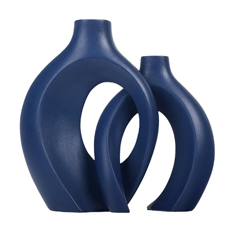 Vaso de cerâmica vazado, 2 para decoração moderna de casa, vaso estilo donut boho, vaso decorativo minimalista preto e branco
