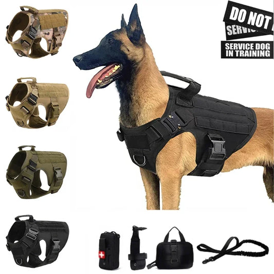 Colete militar tático para animais de estimação, pastor alemão, golden retriever, conjunto de arreios e guia para cães de todas as raças