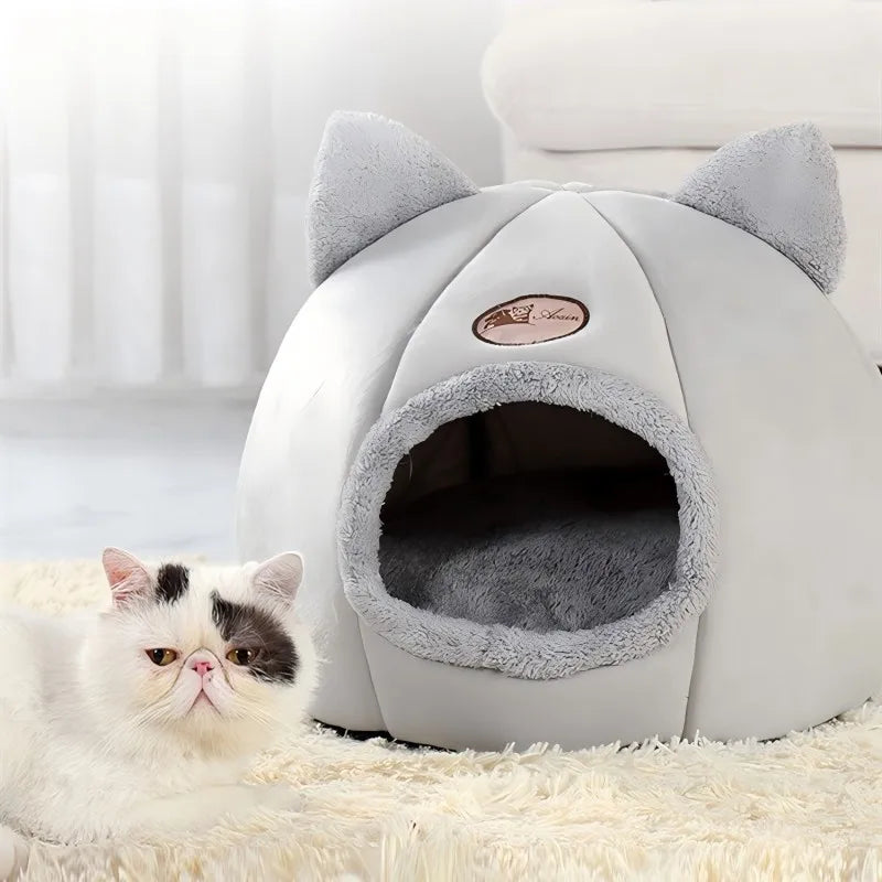 Cama para animais de estimação com orelhas de gato, cama para gatos pequenos, médios e grandes. Mantenha-se aquecido no inverno. Confortável e macio. Lavável à máquina.