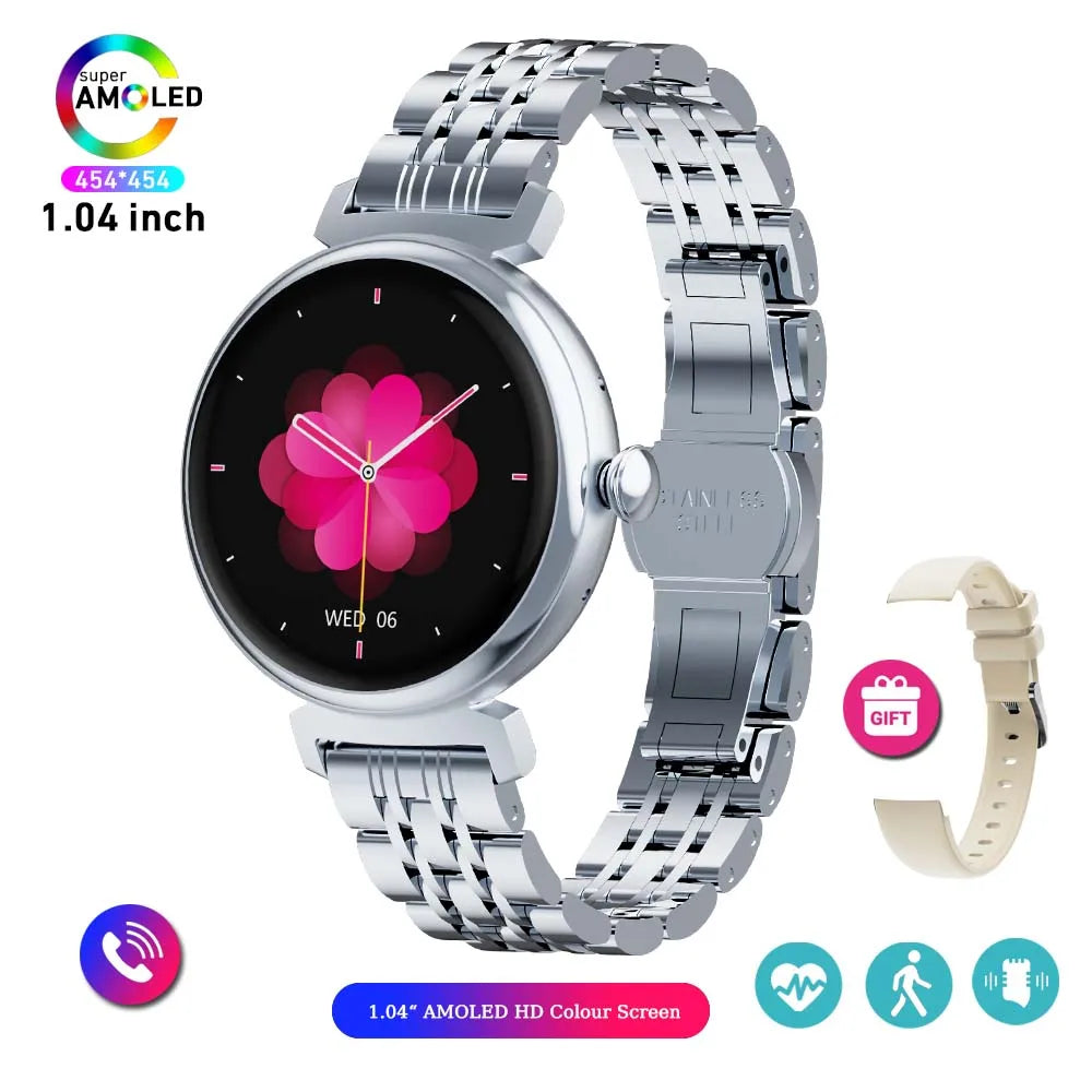 Relógio inteligente feminino moderno com tela AMOLED de 1,04 polegadas, tela sempre exibida, chamada Bluetooth, corpo de metal, tela pequena