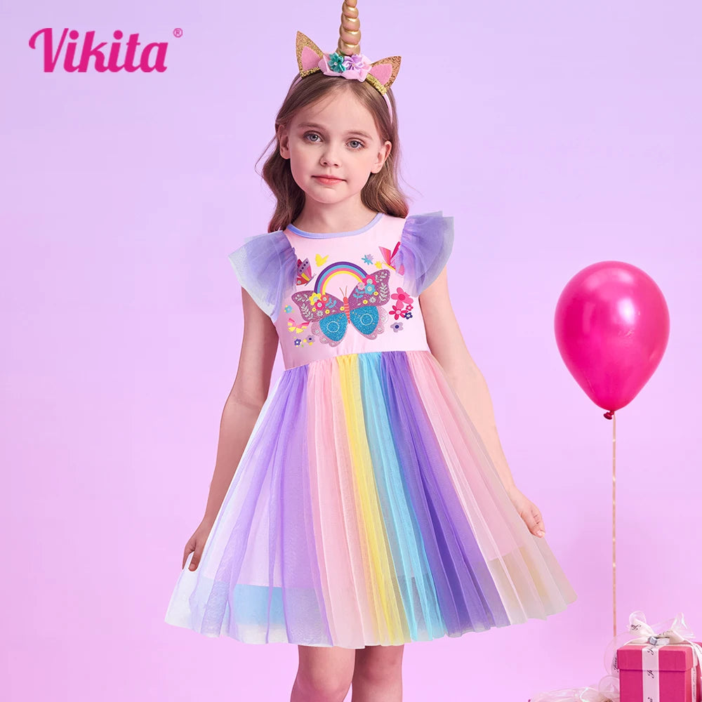 VIKITA Kids Butterfly Flower Print Flare Sleeve Dress Kids Pink Summer Party Vacation Beach Princess Dresses for Kids Clothing