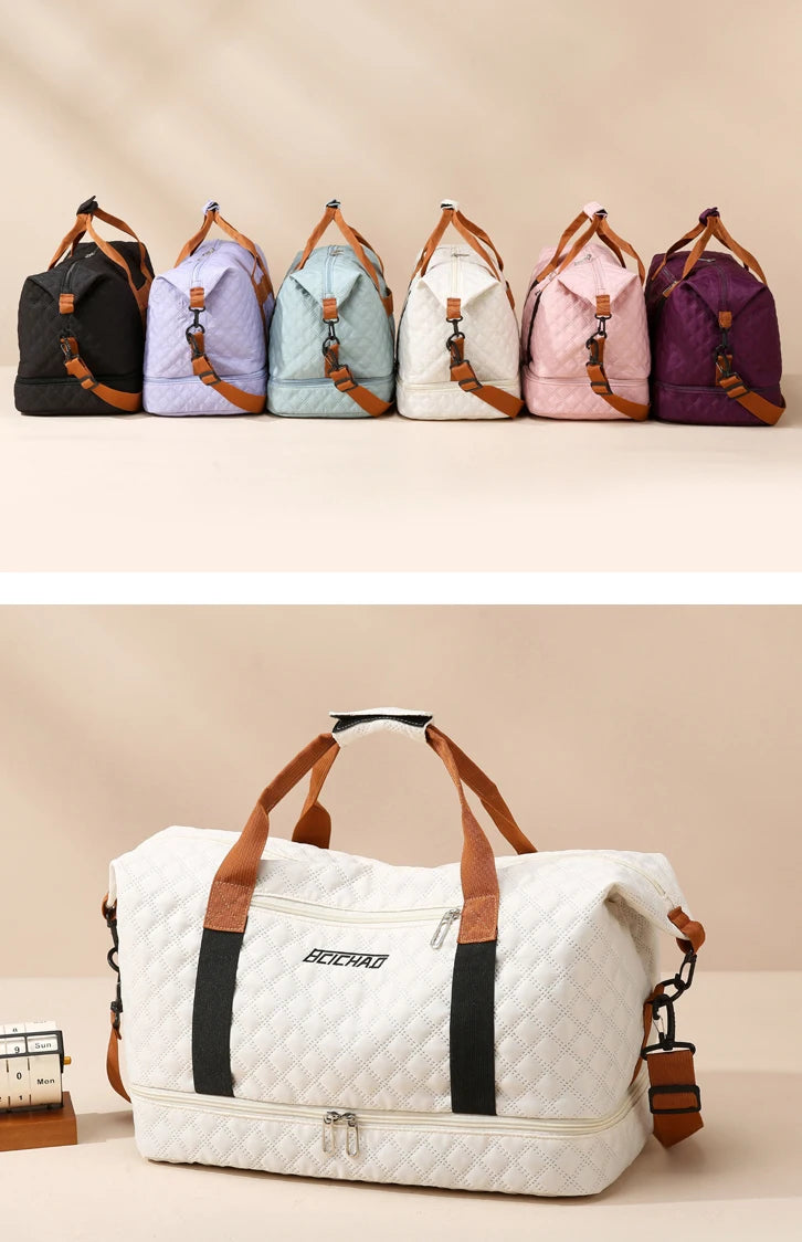 Nylon Travel Duffle Bag with Shoe Compartment, Large Capacity Argyle Pattern Casual Weekender Overnight Gym Storage Bag