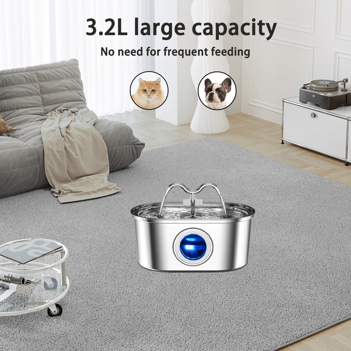 Bebedouro automático para gatos e cães, 108 oz/3,2 l, em aço inoxidável, com luz LED e bomba silenciosa
