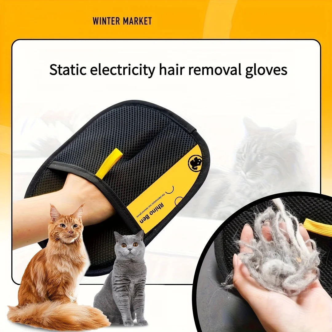 Luvas grandes para remoção de pelos estáticos de animais de estimação - Luvas pretas de polipropileno para tosa de gatos com detalhes em amarelo