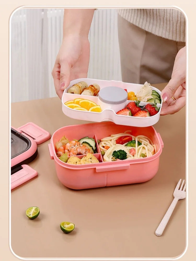 Lancheira de camada dupla 1200ml, compartimento portátil, caixa de alimentos para frutas, salada, micro-ondas, garfo e colher, caixa de piquenique para alimentos frescos