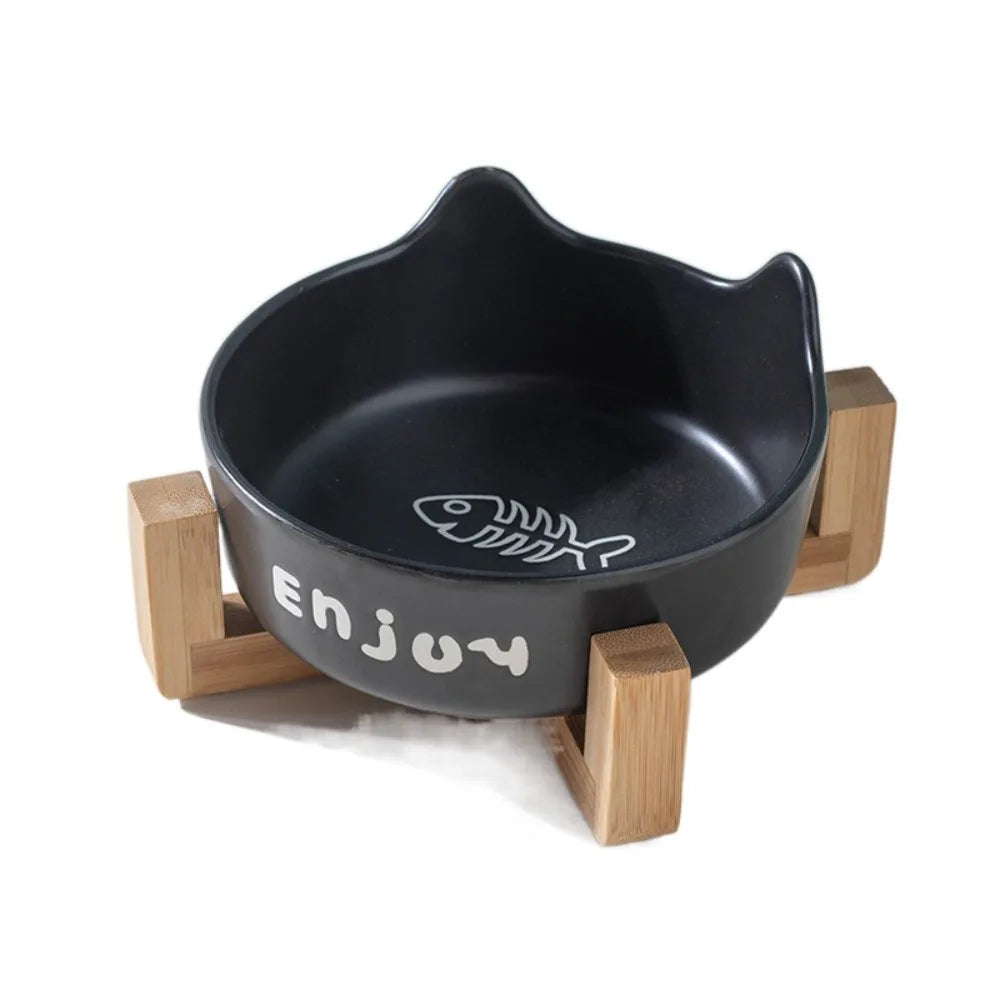 Tigela de cerâmica para animais de estimação, tigela fofa simples/dupla, bacia de alimentação para cães, grande capacidade com suporte, alimentador para animais de estimação, proteção para o pescoço
