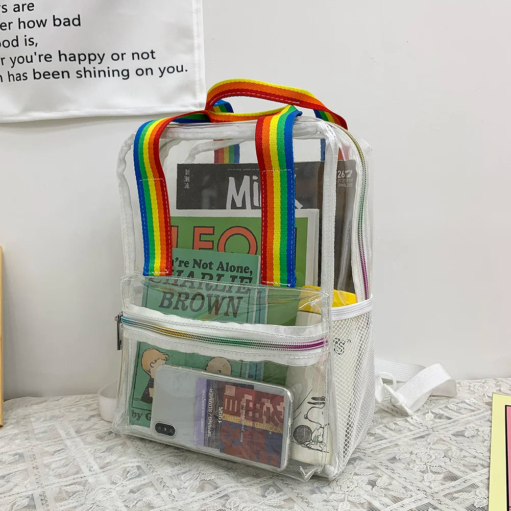 Mochila transparente de PVC para esportes ao ar livre, fitness, casual, viagem, visível, grande capacidade, à prova d'água, alça superior, mochila escolar