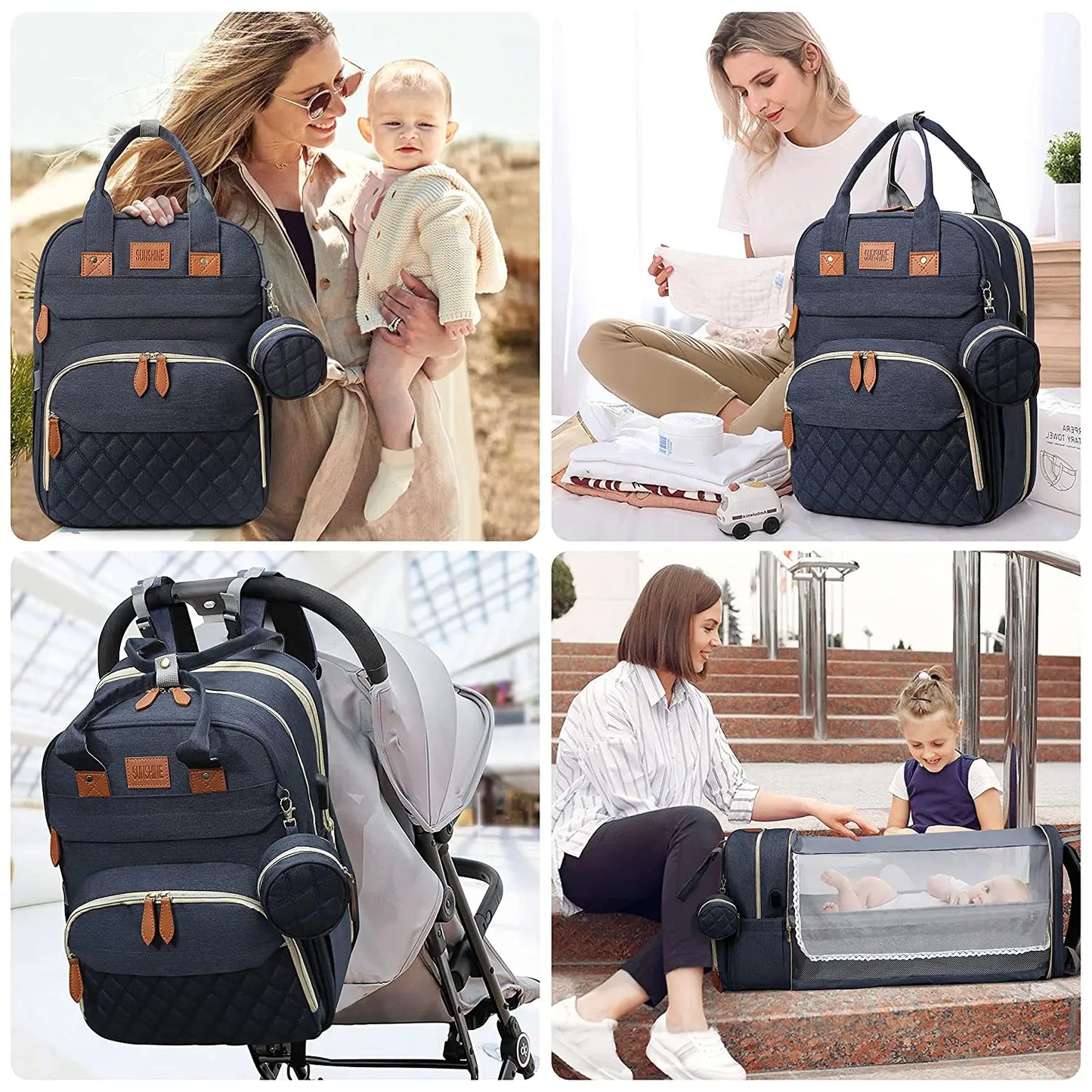 Mochila para fraldas 3 em 1, dobrável, para berço de bebê, à prova d'água, com carregador USB, mochila para fraldas e trocador, 3 tipos