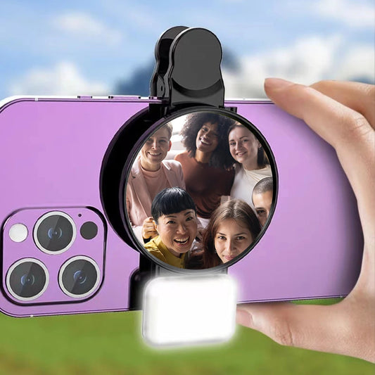 Espelho de anel universal para câmera de celular com luz traseira, refletor para selfies, luz de maquiagem com clipe e bolsa de armazenamento, reflexão HD
