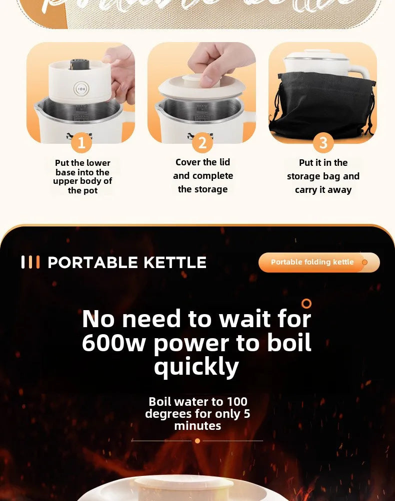 Chaleira dobrável para viagem, pequena chaleira dobrável portátil para áreas externas, aço inoxidável 304, chaleira elétrica