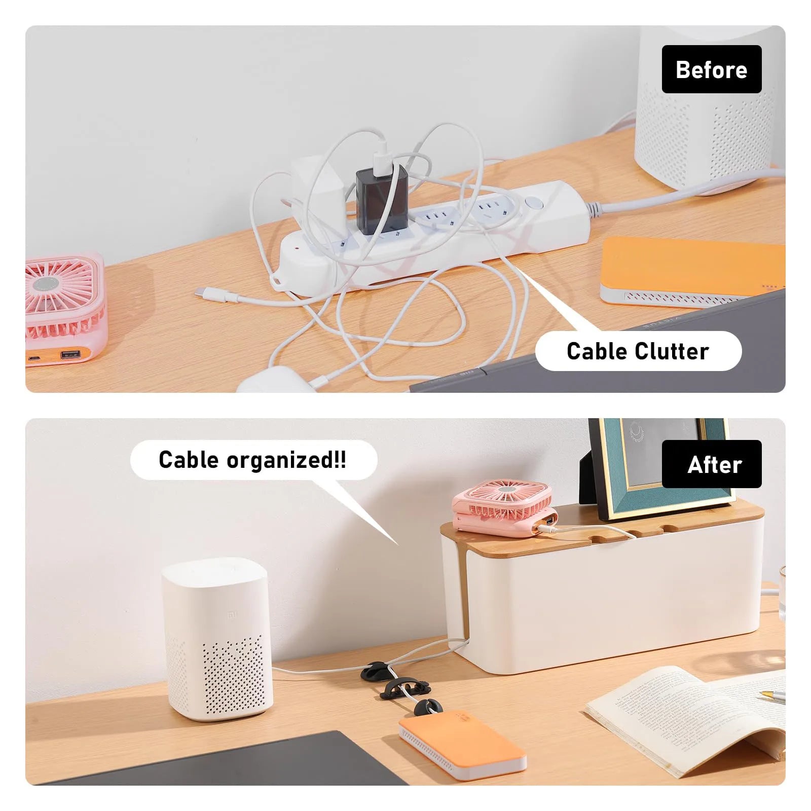 Large Cable Management Box – Wooden Style Cord Organizer and Cover for TV Wires, Computer, USB Hub and Under Desk Power Strip –