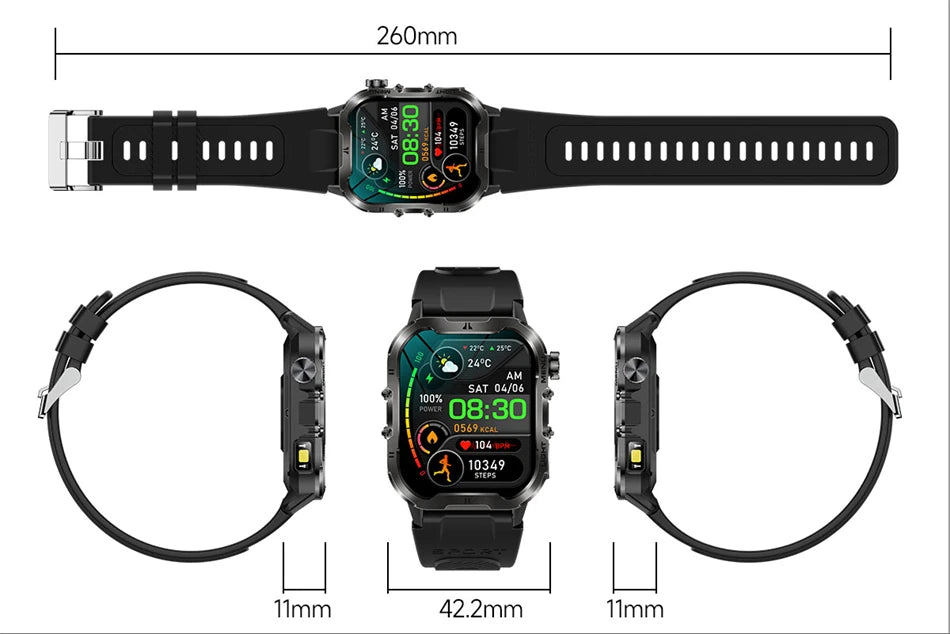 Novo relógio inteligente militar Xiaomi 2024 para homens, esportes ao ar livre, lanterna, fitness, monitor de saúde, 1,96" BT Call Smartwatch