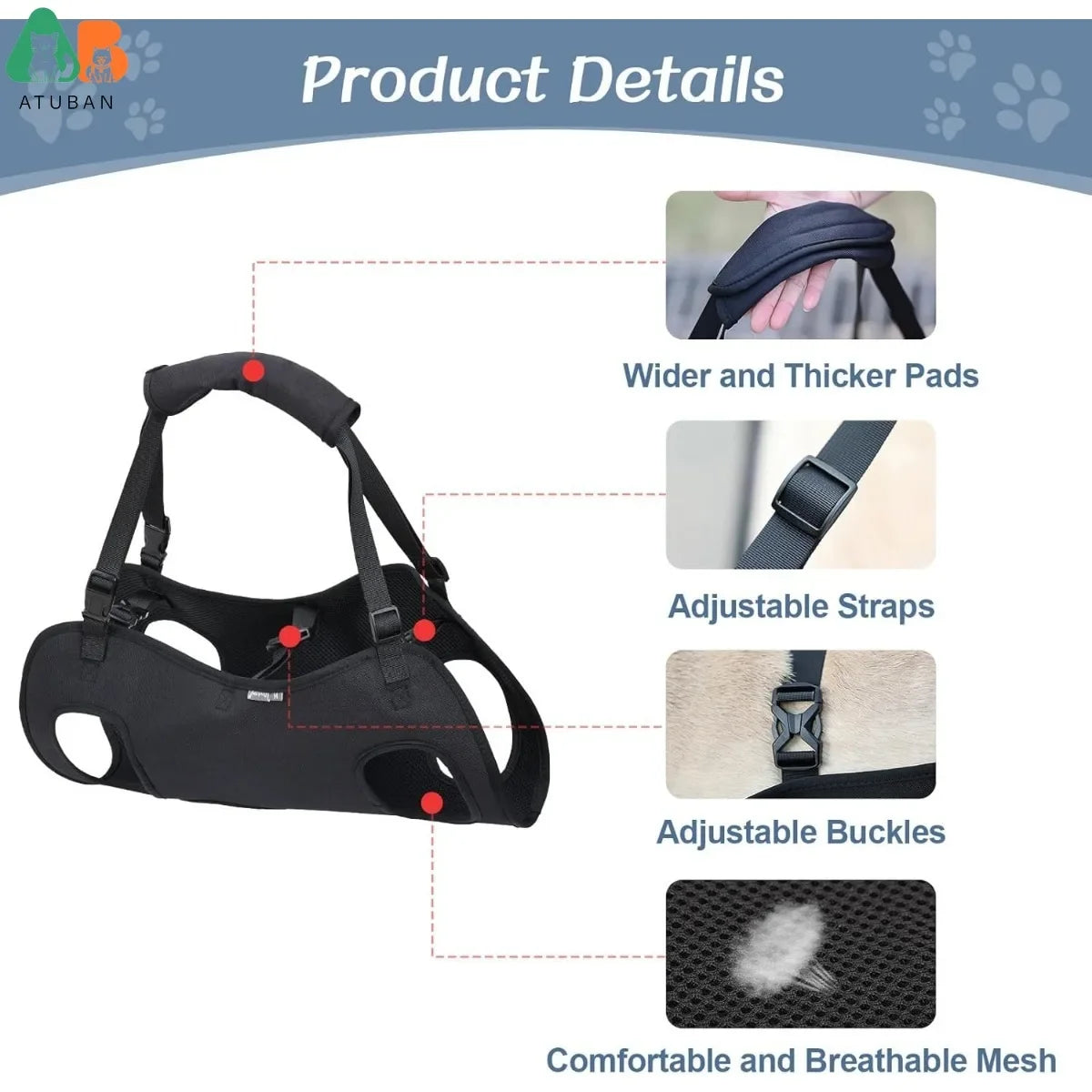 Arnês de elevação para cães, suporte corporal ajustável, alças respiráveis ​​para mobilidade assistida, pernas de cães, reabilitação de quadril
