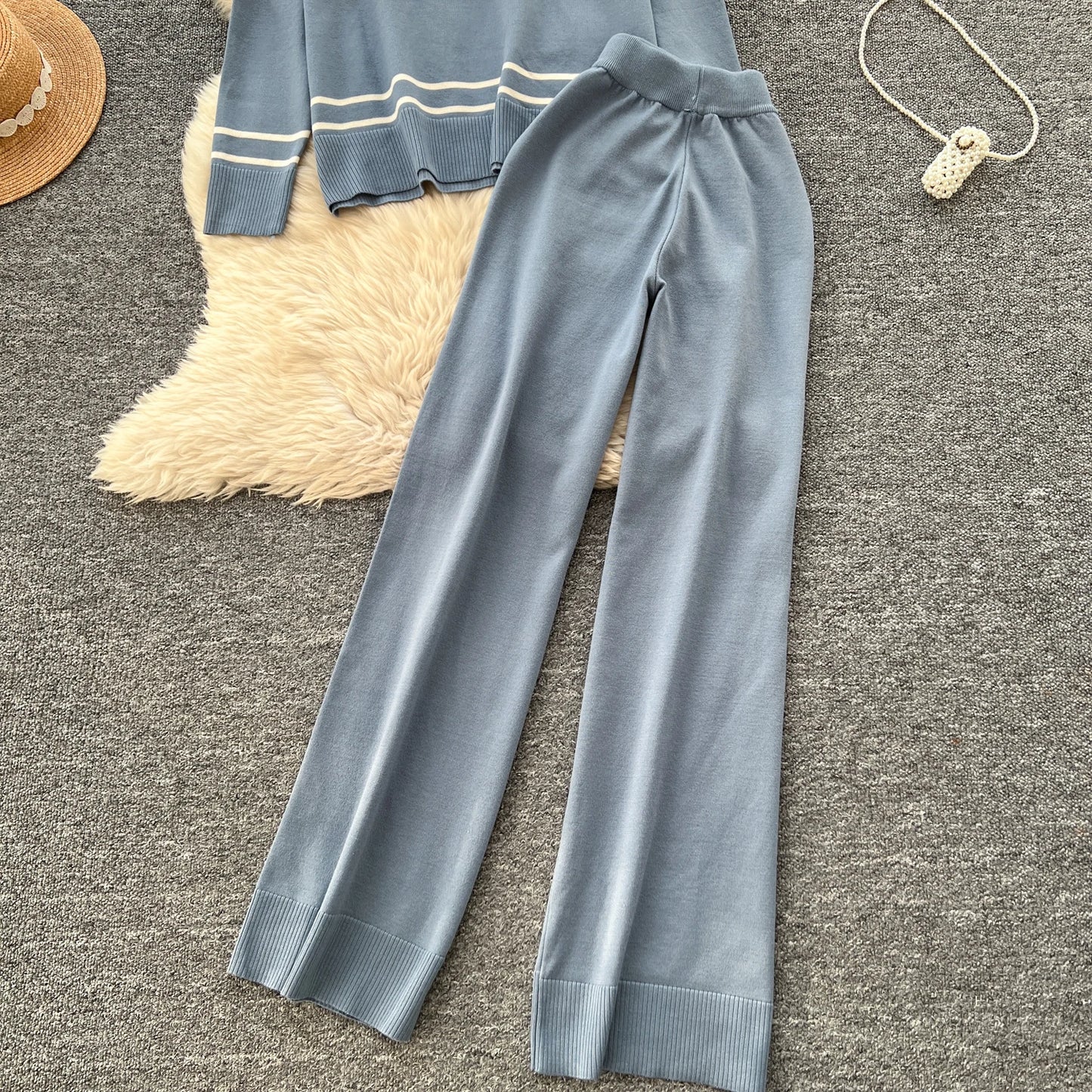 SINGREINY Terno Listrado Feminino Outono Novo Gola Redonda Mangas Compridas Top Quente + Calças Compridas Elásticas Suéter Solto Casual Conjunto de Duas Peças