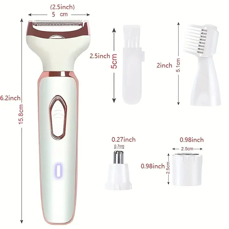 Barbeador elétrico 4 em 1 para mulheres, aparador de pelos de corpo inteiro, axila, instrumento de remoção de pelos privados, depilador seco e úmido, indolor
