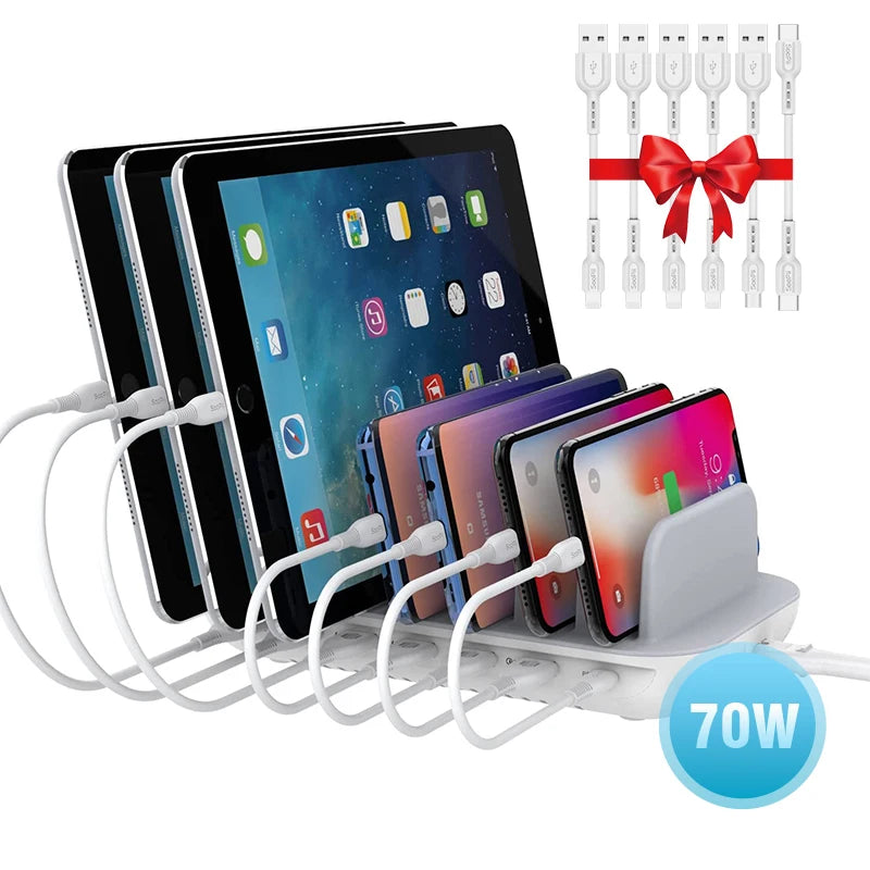 Estação de carregamento USB SooPii 50W/10A com 6 portas para casa e escritório. 6 cabos incluídos para telefones, tablets e outros eletrônicos.