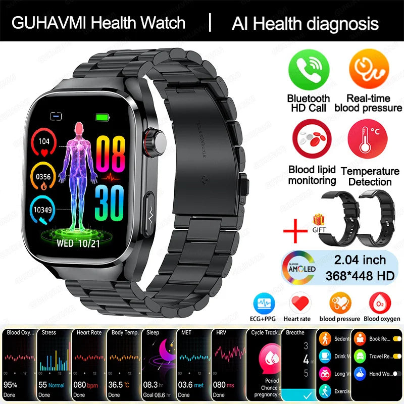 Novo relógio inteligente masculino com diagnóstico de IA e monitoramento de saúde, pressão arterial, ECG, ácido úrico, lipídios, BT Call, relógios inteligentes para HUAWEI